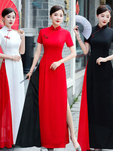 Elegant Long Cheongsam Dress Stage Performance Costume Retro Style Fashion Show Improved Version High Slit for Women over 35
