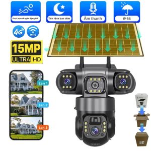 Camera Năng Lượng Mặt Trời 4G SIM Wifi 15MP Ba Ống Kính PTZ IP CCTV An Ninh Ngoài Trời Camera Trang Trại Với Tầm Nhìn Ban Đêm Phát Hiện Chuyển Động Người Chống Nước