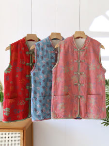 New Chinese Style Pure Cotton Fleece Lined Thickened Warm Vest Womens Autumn Winter Loose Fit Open Front Button up Top