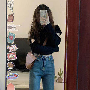 Black Short Sleeve Long Sleeve Womens Base Shirt Inner Wear T-Shirt Shoulder Length Korean Style Commute round Neck Loose Fit