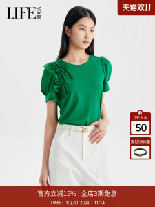 เสื้อยืดแขนพองสไตล์ฝรั่งเศสสำหรับผู้หญิง เสื้อแขนสั้นคอตุ้มสีพื้นเนื้อเส้นดี ทรงเข้ารูป ผ้าผสมโพลีเอสเตอร์และไนลอน