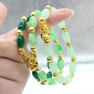 Corinna Imitation Jade Oval Agate Bracelet Ladies Hard Gold Pixiu Lucky Gold Beads Bracelet COD