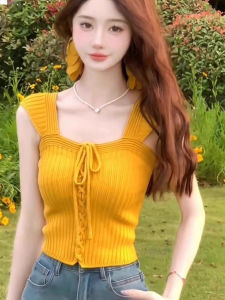 chaqi | Yellow Knitted Strap Vest Womens Summer Outdoor Design Slim Fit Short Sleeveless Square Collar Top Fashionable Commute Style
