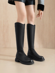 Josiny | Short Girls Tall Boots Thick Sole V-Notch Coarse Heel Boot