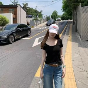 YUEZHONGWEI | Áo thun nữ tay ngắn cổ chữ U màu xám mùa hè thiết kế ôm vừa vặn cỡ nhỏ gợi cảm dáng ngắn thường ngày