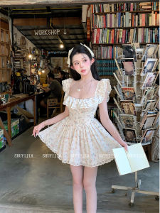 Sweet Lace Floral Print Puff Sleeve Dress Womens Pure Desire Waist Cinching A-Line Mini Skirt Korean Style Commute Fashion