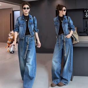 LIANGYILAILIN | Polo Collar Short Jacket Wide Leg Pants Jeans Set 2 Pieces