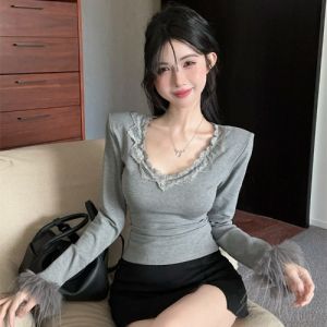 GUZILIAN | เสื้อเชิ้ตสีเทาทรงเข้ารูปคอวีพร้อมขอบลูกไม้แขนยาวสไตล์เกาหลีสำหรับผู้หญิงวัย 18-24 ปี