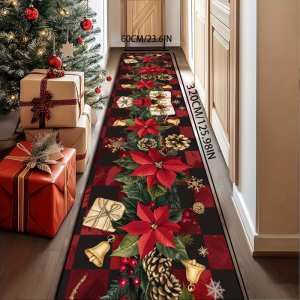 VIKAMA Christmas Runner Rug Buffalo Plaid Poinsettia Bell Pinecone Gift Print Non Slip Mat For Hallway Entryway Xmas Decor