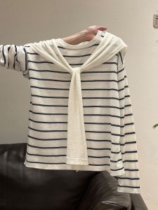 เสื้อสเวตเตอร์ถักยาวแขนยาวลายทางสไตล์เกาหลีสำหรับผู้หญิง ทรงหลวม ลำลอง ช่วงไหล่ แขนยาว ฤดูใบไม้ร่วง 2025