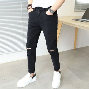Black Slim Fit Nine-Tenths Jeans Mens Versatile New Korean Style Trendy Cotton Stretch Denim mid Waist Zipper Casual Youthful