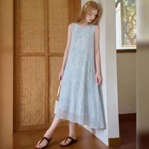 Sky Blue A-Line Long Dress Sleeveless Dyeing