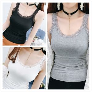 Sweet Lace Trim Patchwork Strap Vest Womens Spring Summer Thin Inner Wear Sleeveless Vest Folded Edge Korean Style