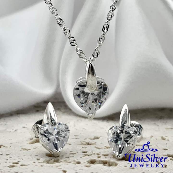 Unisilver 925 Sterling Silver Cz Heart Pendant Necklace Earrings