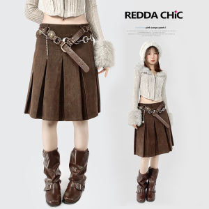 Retro Brown Corduroy A-Line Skirt Pleated Mid-Length Pear Shape Half Body Autumn Winter Street Style Solid Color Low Waist Skirt