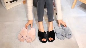 Korean Home Cross plush slipper new indoor bedroom slippers warm cotton slippers thickened leaky toe hairy slippers