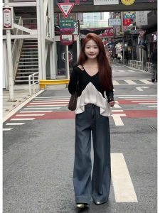 กางเกงยีนส์ทรงตรงเอวสูงสีน้ำเงินเข้มทรงหลวมสำหรับผู้หญิง กางเกงขายาวทรงหลวมขากว้างทรงหลวมฤดูใบไม้ร่วงปี 2025 กางเกงยีนส์ทรงหลวมสำหรับผู้หญิง