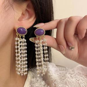 Elegant Long Tassel Earrings Purple Candy Pearl No Piercing Required Womens Fashion Jewelry Clip-On Mosquito Coil Tray Ear Cuffs
