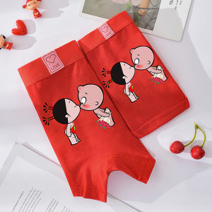 กางเกงในคู่รักเซ็ตเสื้อผ้าคอตตอนแท้ชุดชั้นในสีแดงสดกางเกงบ็อกเซอร์ผู้ชายแต่งงานปีนักษัตรตัวเองลายการ์ตูนน่ารักทรงสามเหลี่ยมสำหรับผู้หญิง
