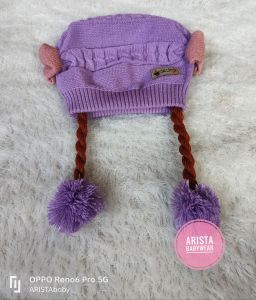 topi/kupluk bayi rajut premium tebal halus model pita kepang pompom (0-18bln)