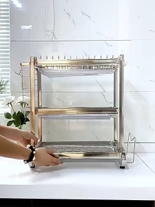 SJorage Stainless Steel Dish Rack 2/3 Tier Adjustable Kitchen Dish Drying Rack with Drip Tray Knife Holder