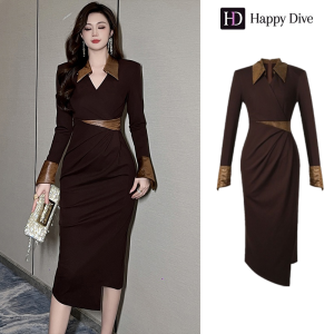 Happy Diva เดรสผู้หญิง เดรสสีน้ำตาล เดรสแขนยาว เดรสทำงาน เดรสไฮโซ เดรสวินเทจ เดรสออกงาน เดรสปาร์ตี้ ชุดราตรี 45008