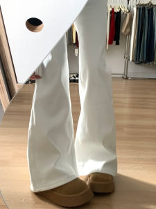 White Flared Jeans Womens Thickened Fleece High Waist Large Size Slimming Pants Casual Pure Color Long Cotton Stretch Denim