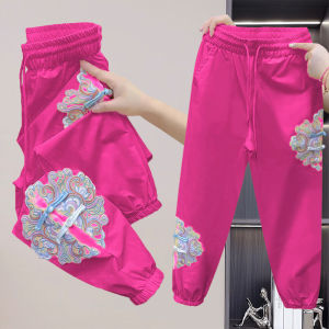 Quick Dry Thin Cotton Womens Loose Fit Nine-Tenths Pants Embroidered Sweatpants High Waist Straight Leg Casual Trousers