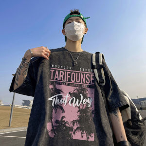 Retro American Washed T-Shirt Mens High Street Trend Brand 350g Heavy Short Sleeve Oversize Seven Sleeve Cotton Casual Top