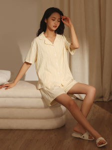 me home wear | New Summer Pure Cotton Thin Sleeve Short Turn-down Collar Elegant Ladies Sleepwear Set