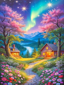 Huacan Full Diamond Painting Kit Aurora House Tree Phong Cảnh Thêu Hoàn Thiện Trang Trí Nhà Cửa Phong Cách Hiện Đại Nhựa Kim Cương Vuông/tròn