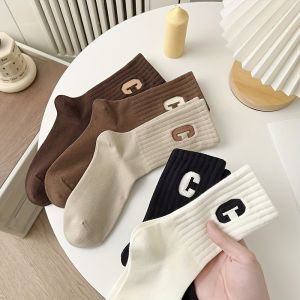 5pairs Winter Autumn Mid Calf Socks Letter Pattern Knitted Outdoor Sports Socks Men Women Breathable Warm Elastic Running Socks