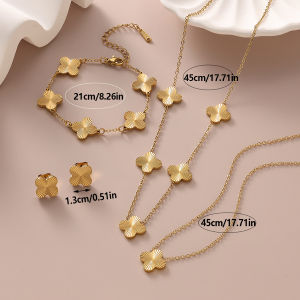 Bộ Trang Sức Cỏ Bốn Lá Bằng Thép Không Gỉ Đánh Bóng Thủ Công Dành Cho Nữ - Vòng Tay Vòng Cổ Bông Tai - Phụ Kiện Dự Tiệc Dễ Thương Lãng Mạn