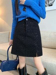Shiny High Waist Thickened Woolen A-Line Mini Skirt for Women with Slit Autumn Winter Grey Bodycon Mid-Length Skirt
