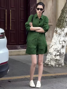 Green Fashion Suit Womens Popular Beautiful Denim Casual Sun-Proof Linen Shirt Shorts Summer Clothes Matching This Year