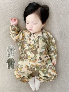 Newborn Baby Sleepwear Long Sleeve Thin New Chinese Style Crawler Suit Protector Belly Clothes Baby Clothes One-Piece Suit