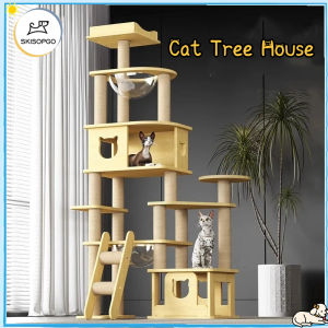 SKISOPGO Multi-layer Cat Tree House Condos Wooden Cat Tower With Sisal Rope Cat Scratching Posts Plush Cloth Hammock Cat Climbing Frame