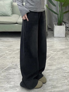 สไตล์อเมริกัน สูง เอว ขากว้าง เดนิม กางเกง ผู้หญิง ฤดูใบไม้ร่วง ฤดูหนาว พลัสไซส์ Longgar Straight Drapey ความยาวพื้น กางเกงขายาว