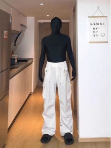 Retro Pleated Wide Leg Straight Cut Mens Workwear Pants Pure White American High Street Hiphop Parachute Functionality Trousers