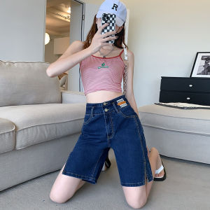 High Waist Black Denim Shorts Women Summer Thin Loose Straight Leg Elastic plus Size Fat MM Slit Slimming Mid-Length Pants