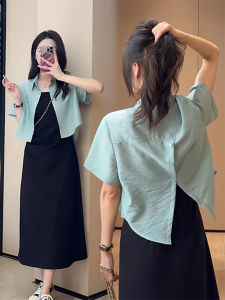 French Asymmetrical Design Silk Shirt Women Summer Short Sleeve Small Shoulder Ice Silk Cover up Casual Loose Fit Button Detail
