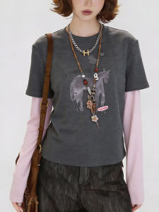 QINGNAER | Color Block Horse Print Patchwork Turtleneck Top