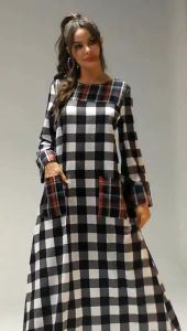 GDTIMA Plaid Dress Wanita Casual Leher Bulat Korea Motif  Long Dress/Gamis Motif