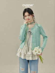 OUYANGXI | Áo Cardigan Len Màu Xanh Pastel Phong Cách Hàn Quốc