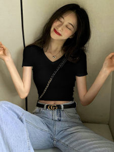 Slim Fit Short Sleeve V-Neck Black Belly Button T-Shirt Women Summer New Style Small Size High Waist Short Length Casual Cotton