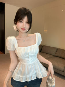 GUZILIAN | เสื้อเชิ้ตแขนพองคอเหลี่ยมสไตล์เกาหลีสำหรับผู้หญิงในฤดูร้อน ทรงเข้ารูป เสื้อผ้าทำงานสไตล์เกาหลี แขนยาว ปกโปโล สีพื้น