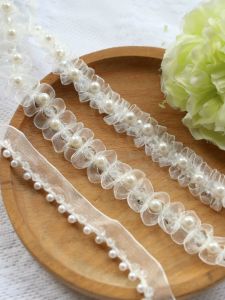 ผ้าริบบิ้นประดับคริสตัลปEARL สีขาว ผ้าปักลายดอกไม้ ตกแต่งกระเป๋า หมวก เสื้อผ้าฮันฟู ขอบคอ วัสดุเสริม งานฝีมือ DIY