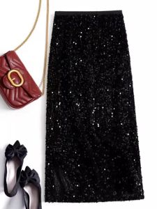 Stylish Black A-line Sparkle Slit Bodycon Midi Skirt