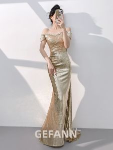 Elegant Banquet Style One-shoulder Fish-tail Sequin Train Evening Dress