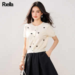 puella | Áo Cardigan Len Có Cổ Tròn Tay Ngắn Thêu Ren Phong Cách Pháp